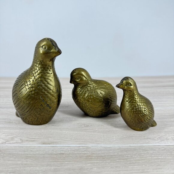 Vintage Solid Brass Quail Figurines Set of 3 MCM Boho Decor - Picture 2 of 11